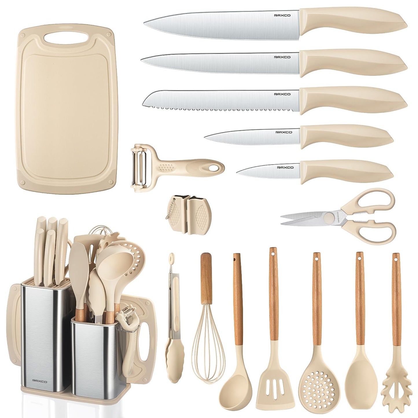 RAXCO 18 Pieces Kitchen Set -7 Silicone Cooking Utensils set, 6 Knife set with block and 5 Cookware