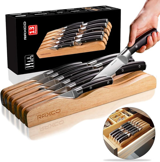 RAXCO Knife Set in-drawer,13-Piece drawer Kitchen Knife Set - Knife Block Set in wood-tray block